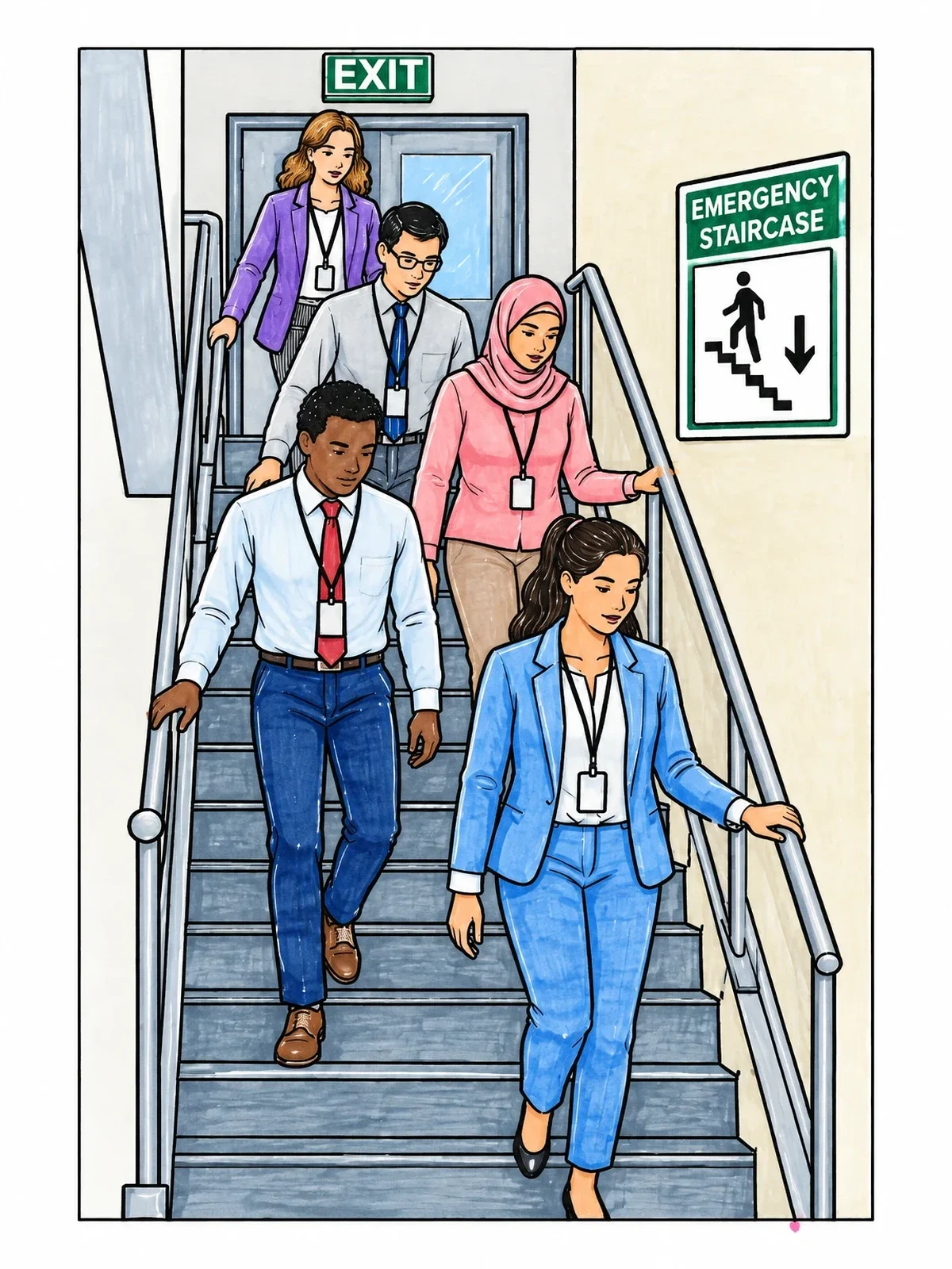 Colored example of the Office Workers Emergency Staircase Evacuation coloring page