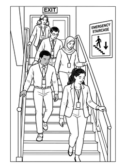 Free printable Office Workers Emergency Staircase Evacuation coloring page