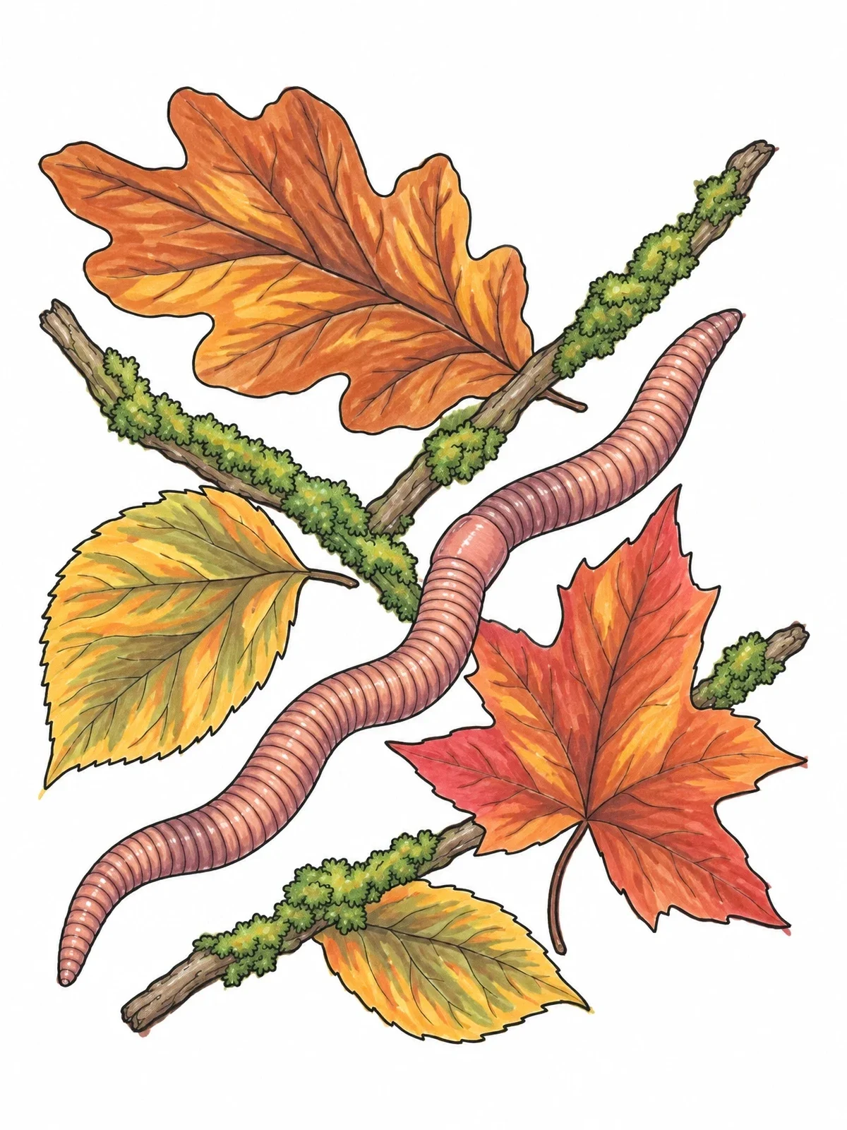 Colored example of the Earthworm Among Autumn Leaves And Twigs coloring page