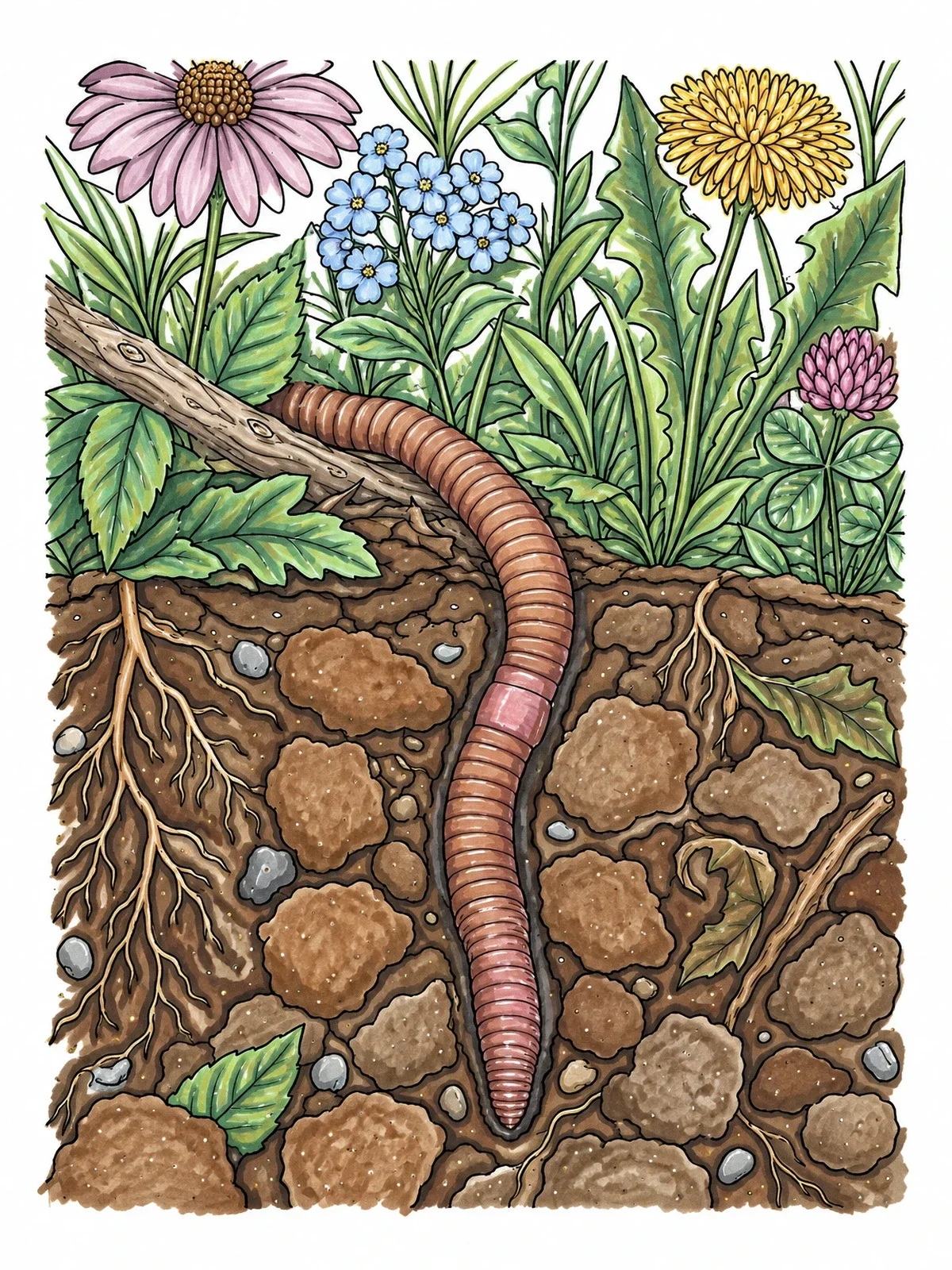Colored example of the Earthworm Burrowing In Garden Soil coloring page