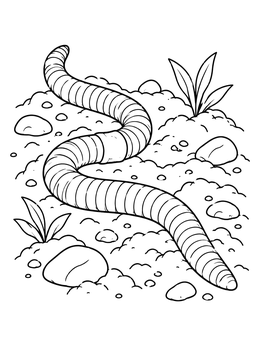 A detailed worm coloring page featuring a segmented earthworm on soil with rocks.