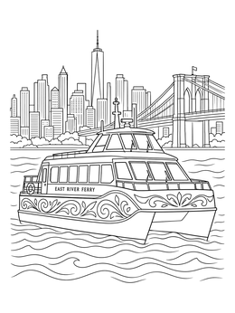 A detailed brooklyn bridge coloring page featuring an East River ferry catamaran in front of the NYC skyline.