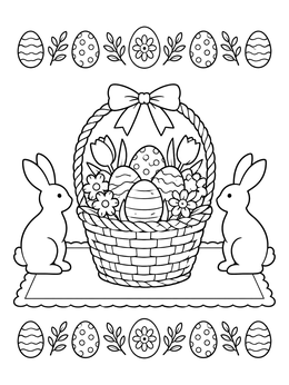 Easter basket and bunnies in a festive placemat coloring page.