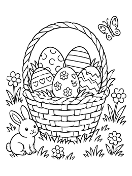 A sweet bunny sits near a woven basket in this easter egg coloring page with spring flowers.