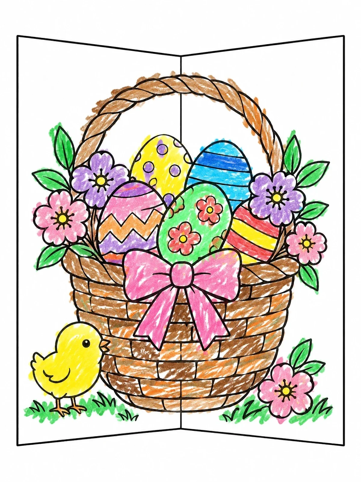 Colored example of the Pop Up Easter Basket Card With Chick coloring page