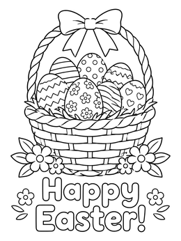 A festive easter cards coloring page featuring a woven basket of decorated eggs and greeting text.