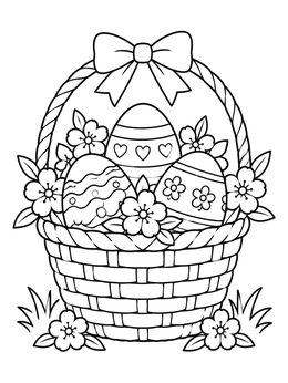An easter egg coloring page featuring a woven basket with decorated eggs and flowers.