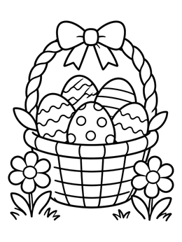 An easter eggs coloring page featuring a woven basket with a bow and spring flowers.