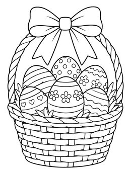 A woven basket filled with patterned eggs on this easter egg coloring page.
