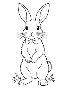 A sweet easter bunny coloring page featuring a rabbit standing in the grass with a bowtie.