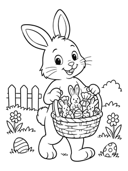 A happy easter bunny coloring page showing a rabbit carrying a woven basket full of treats.