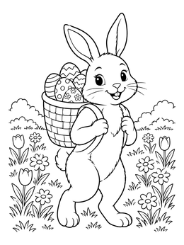 A cheerful bunny in a spring meadow carrying patterned eggs in this easter eggs coloring page.