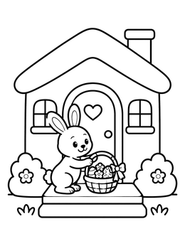 An easter bunny coloring page of a rabbit placing an egg basket by a cottage door.