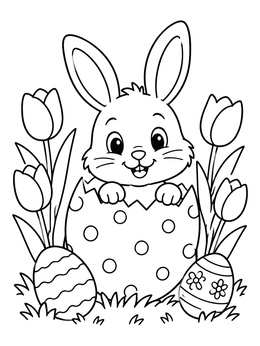 A cute easter bunny coloring page with a rabbit sitting in a cracked egg between tulips.