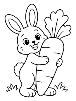 A cheerful bunny hugs a giant carrot in this easter bunny coloring page.