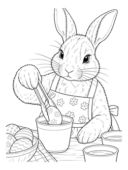 An easter bunny coloring page showing a rabbit in a floral apron dipping an egg into dye.