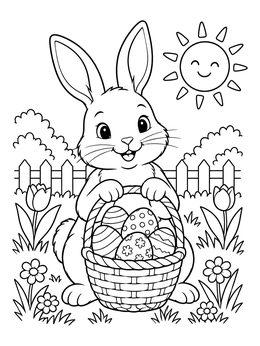 A cheerful easter bunny coloring page with patterned eggs in a sunny garden.