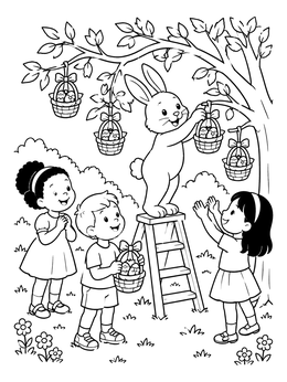 Cute easter bunny coloring page showing a rabbit hanging baskets on a tree with children watching.