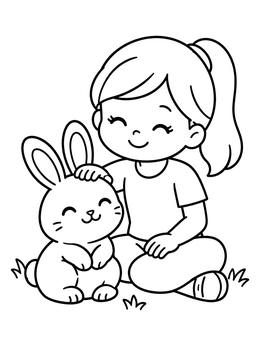 Free printable Happy Girl Petting Cute Bunny coloring page