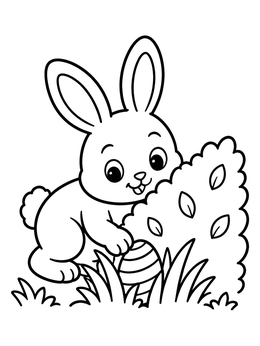 Cute easter bunny coloring page with a rabbit hiding a striped egg behind a bush.