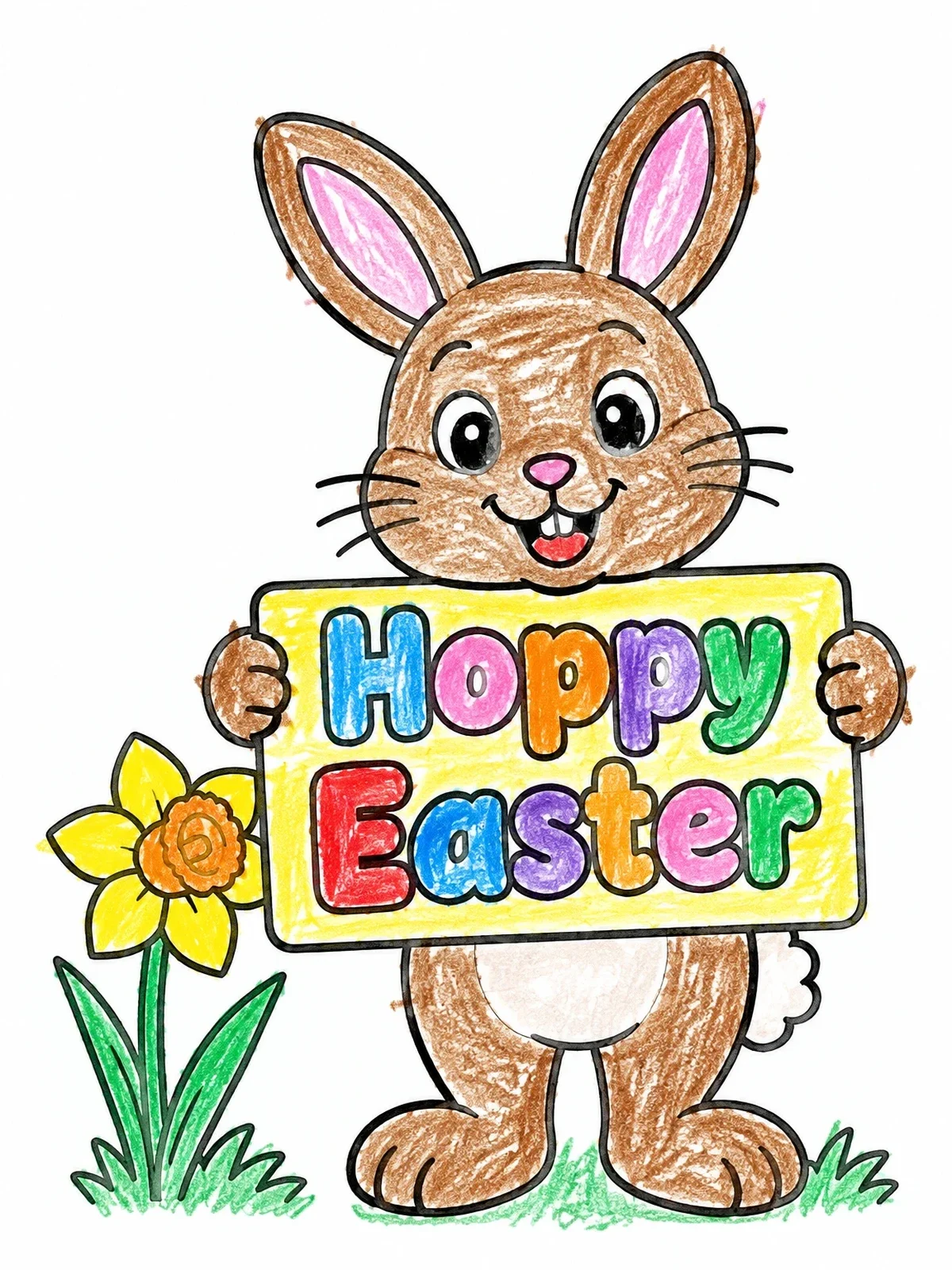 Colored example of the Cheerful Easter Bunny Holding Sign coloring page