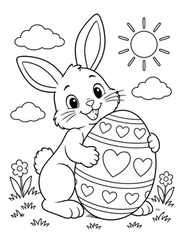 A cheerful easter bunny coloring page featuring a rabbit hugging a patterned egg under a smiling sun.