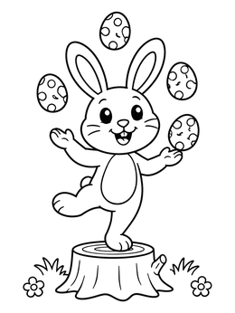 An easter bunny coloring page shows a happy rabbit juggling spotted eggs on a stump.