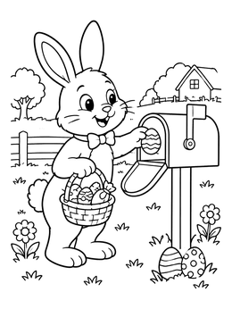 A cheerful easter bunny coloring page showing a rabbit putting a decorated egg into a rural mailbox.