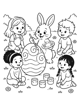 Children watching a cute bunny on this easter egg coloring page.