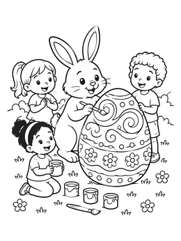 A cheerful easter bunny coloring page with happy children decorating a giant egg outdoors.