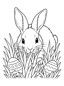 Cute easter bunny coloring page with decorated eggs nestled in tall spring grass.