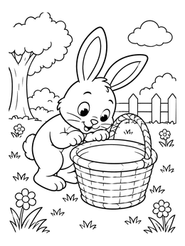 A cute easter bunny coloring page showing a rabbit looking inside an empty woven basket outdoors.
