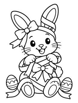 A cheerful bunny in an easter bunny coloring page wrapped in festive ribbons beside eggs.