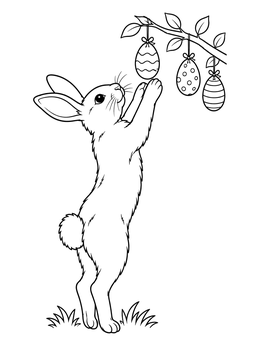 An easter bunny coloring page of a rabbit stretching up toward patterned eggs on a branch.