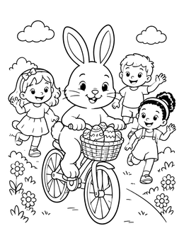 An easter bunny coloring page showing a rabbit riding a bike with eggs alongside cheerful kids.
