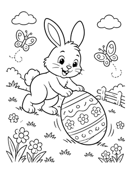 A cheerful easter bunny coloring page showing a rabbit rolling a decorated egg down a meadow.