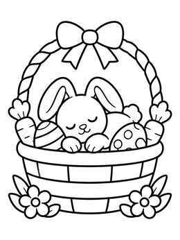 A sweet sleeping bunny resting inside a basket on this easter bunny coloring page.