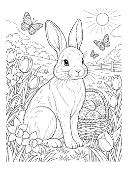 An easter bunny coloring page featuring a rabbit sitting beside an egg basket in flowers.