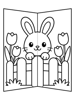 A cute easter cards coloring page featuring a bunny behind a garden fence.