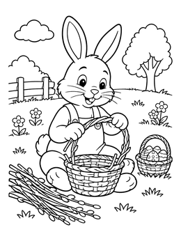 A cheerful easter bunny coloring page showing a rabbit weaving a willow basket handle outdoors.