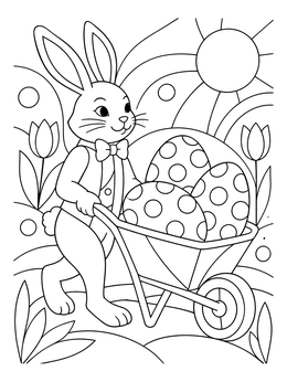 Cheerful easter bunny coloring page pushing a wheelbarrow full of spotted eggs.