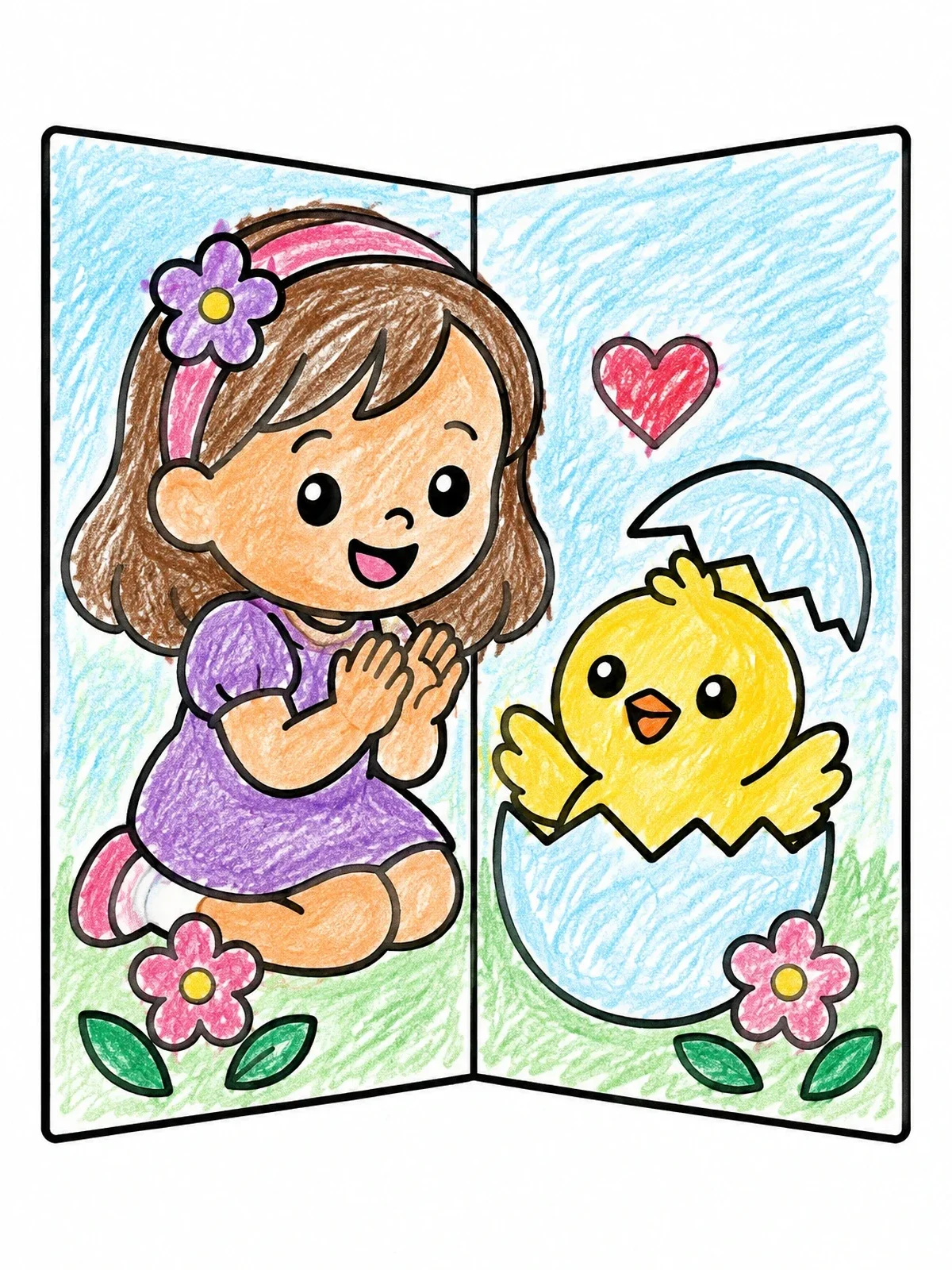 Colored example of the Easter Card With Girl And Hatching Chick coloring page