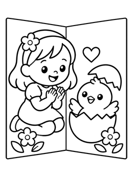 Free printable Easter Card With Girl And Hatching Chick coloring page