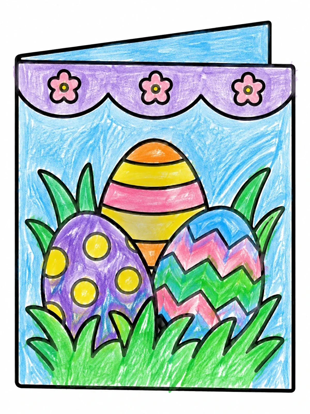 Colored example of the Easter Card With Patterned Eggs coloring page