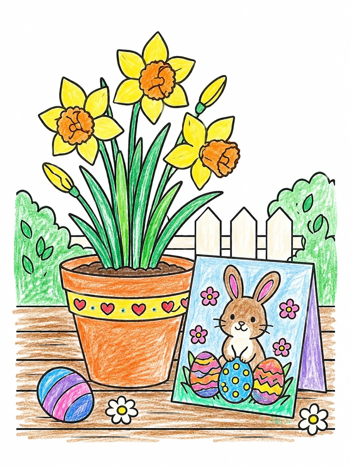 Colored example of the Easter Card With Potted Daffodils coloring page