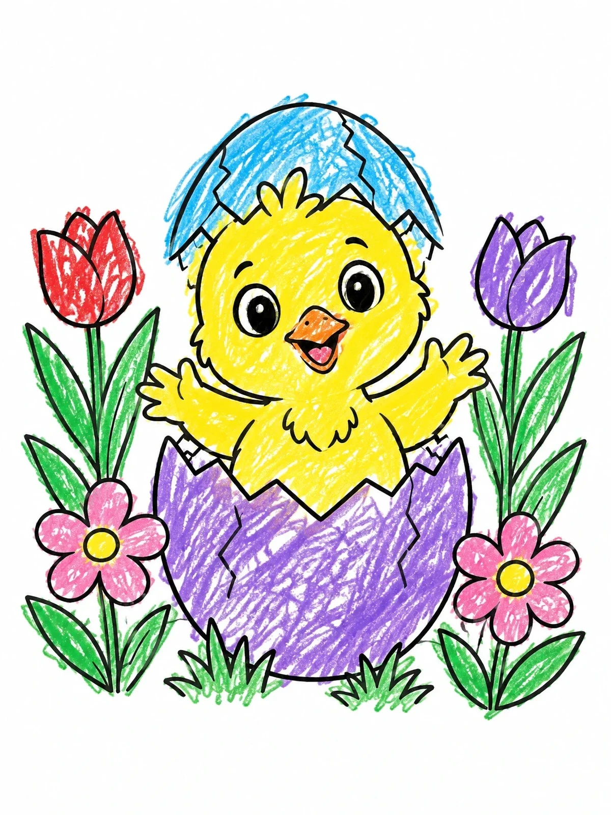 Colored example of the Cute Baby Chick Hatching From Egg coloring page