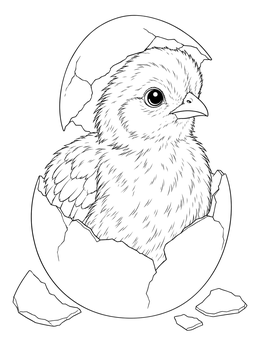 Fluffy baby chick in an easter cards coloring page hatching from an egg.