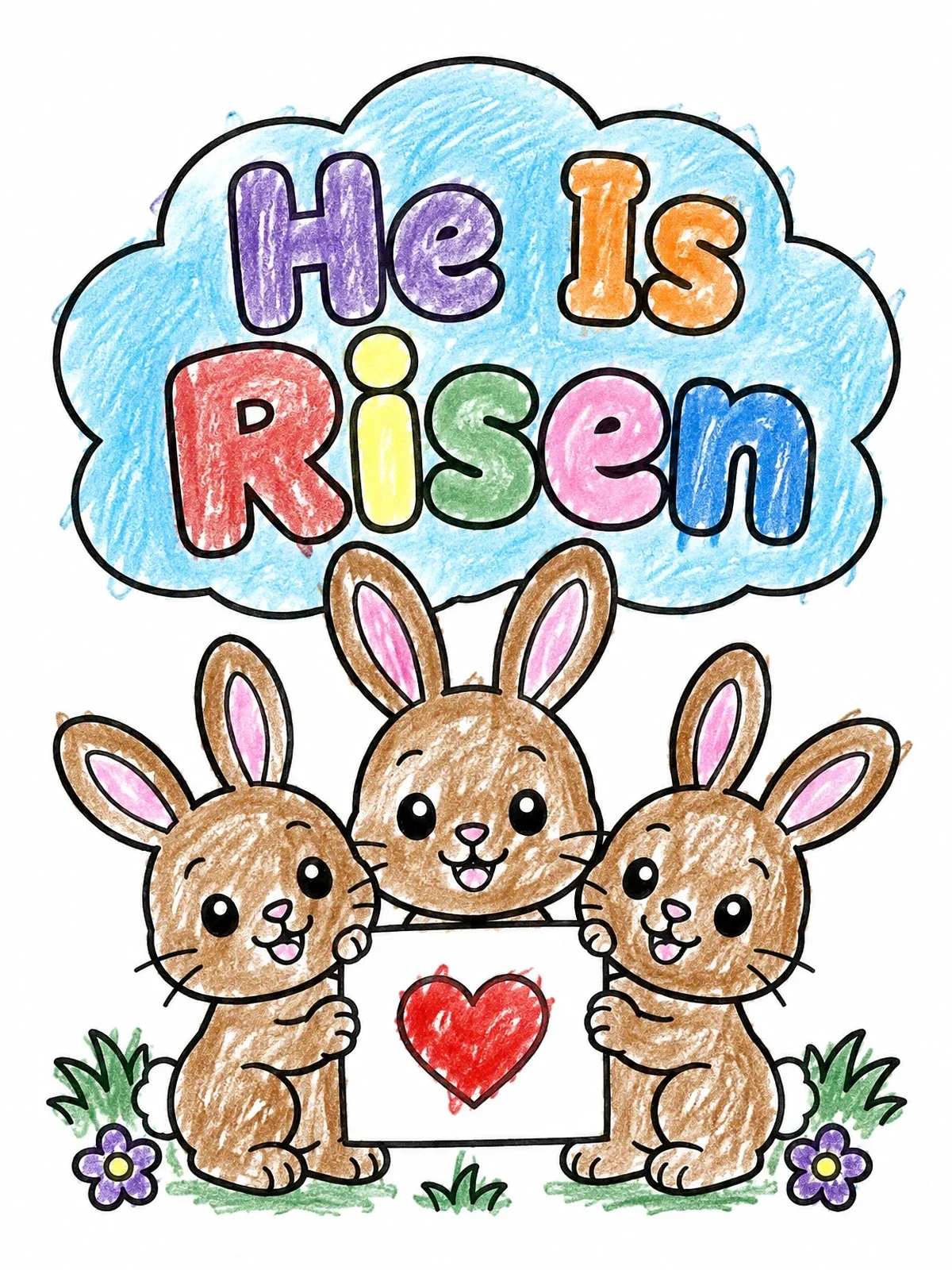 Colored example of the Three Bunnies He Is Risen Card coloring page