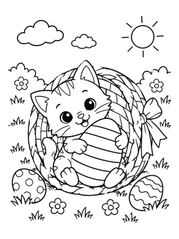 Free printable Kitten In Easter Basket With Striped Egg coloring page