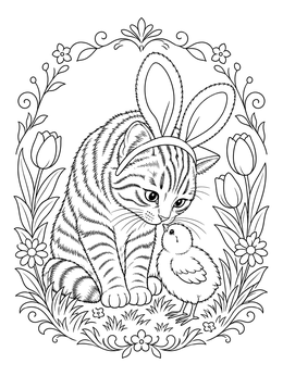 Striped kitten and baby chick on an easter cat coloring page surrounded by spring tulips.